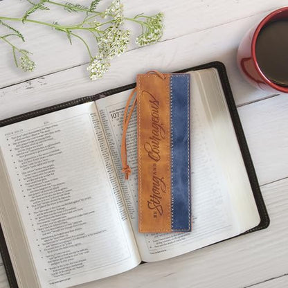 Christian Art Gifts Faux Leather Scripture Bookmark: Strong and Courageous - color: Brown/Navy - Be Strong