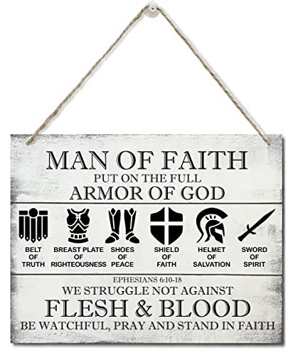 Printed Wood Plaque Sign Wall Hanging, Put on the Full Armor of God Quote Scripture Rustic Man Of Faith Hanging Wall Plaque Wood Signs, Ephesians 6:10-18 Christian Sign - color: Ephesians 6:10