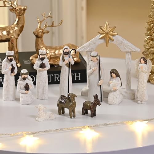 AOMOONOA White Nativity Set, Resin Small Christmas Nativity Figurine - color: Classic White