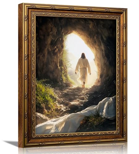 3D Textured Canvas Wall Art Vintage Carved Gold Frame Christian Jesus Resurrection Leaves the Tomb Everything is reviving Relief Poster Print Artwork for Living Room Bedroom Church Home Decor - color: Framed Jesus, size: 11"L x 9"W
