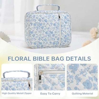 Bible Bag Cover Case for Women Study Supplies Kit Church Book Holder - color: Blue Flower