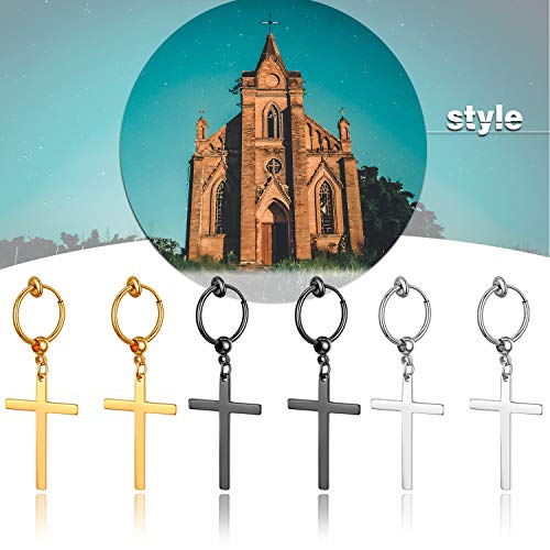 Cupimatch 3-6 Pairs Stainless Steel Cross Dangle Huggie Hinged Hoop Earrings for Men Women (1 Pair Silver Cross) for Mother's Day - color: drop-3pack