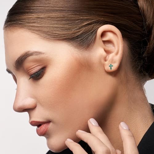 AeraVida Sparkling and Colorful Faith Cubic Zirconia Cross Sterling Silver Stud Earrings | Religious Pierced Jewelry Gift for Women | Christian Daily Wear Earrings - color: Dark Green