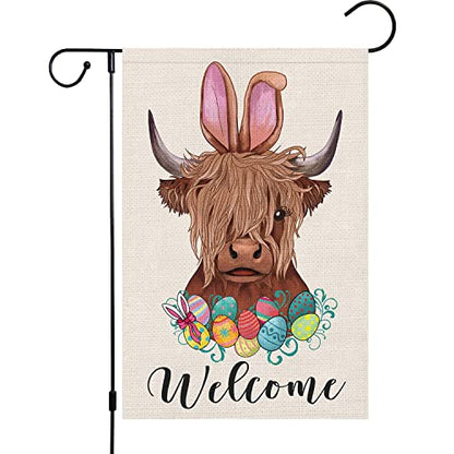 Louise Maelys Happy Easter Garden Flag 12x18 Double Sided Burlap, Small Vertical Highland Cow Welcome Yard for Spring Outdoor Outside Decoration