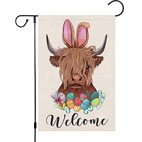 Louise Maelys Happy Easter Garden Flag 12x18 Double Sided Burlap, Small Vertical Highland Cow Welcome Yard for Spring Outdoor Outside Decoration