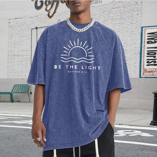 Christian Be The Light Shirts for Men Jesus God Faith Religious Bible Verse T Shirt Oversized Acid Wash Graphic Tees - color: Blue, size: Medium