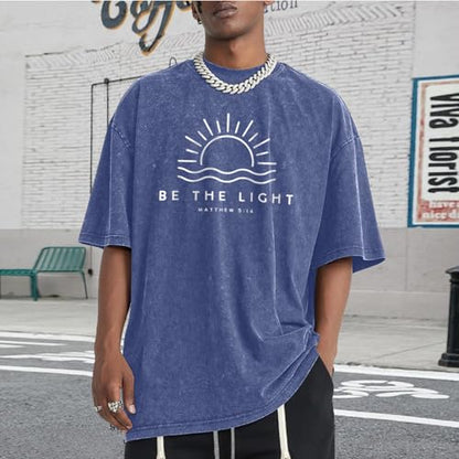 Christian Be The Light Shirts for Men Jesus God Faith Religious Bible Verse T Shirt Oversized Acid Wash Graphic Tees - color: Blue, size: Medium