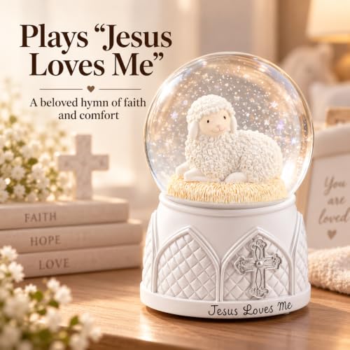 Jesus Loves Me Snow Globe, Jesus White Lamb Baptism Music Box, Religious Gift for Pastors Girls Wife Girlfriends Friends Easter Birthday Present
