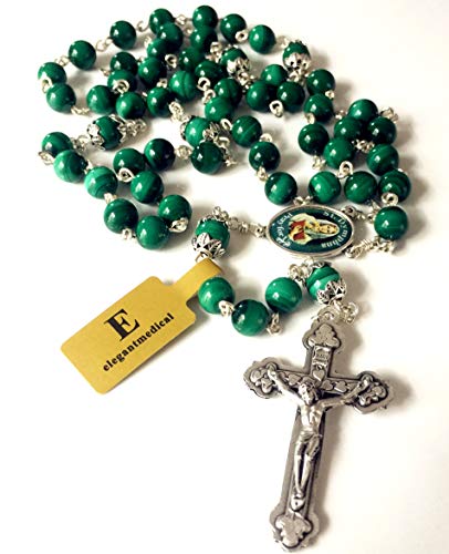 elegantmedical Handmade UNDOUBTED Malachite 8MM Beads St.Dymphna Rosary Cross/Crucifix Necklace Box Catholic Womens Gift