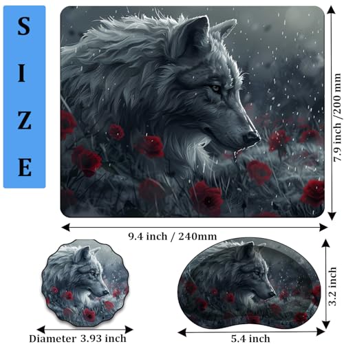 Mouse Pad 9.4"x7.9" + Wrist Support Pad + Embroidered Cup Pad Non-Slip Set, Ergonomic Mouse Wrist Support Pad, Suitable for Office/Gaming/Home Use, Wolf and Rose - color: Wolf and Rose