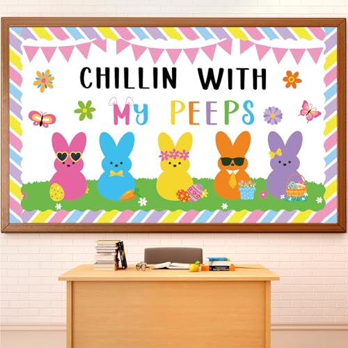 Easter Bunny Bulletin Board Set Easter Bunny Classroom Decoration Colorful Eggs Spring Bunny Flower Paper Cutouts for Spring Party Supplies School Classroom Home Office Nursery Chalkboard Wall Decor - style: Easter chillin with my peeps