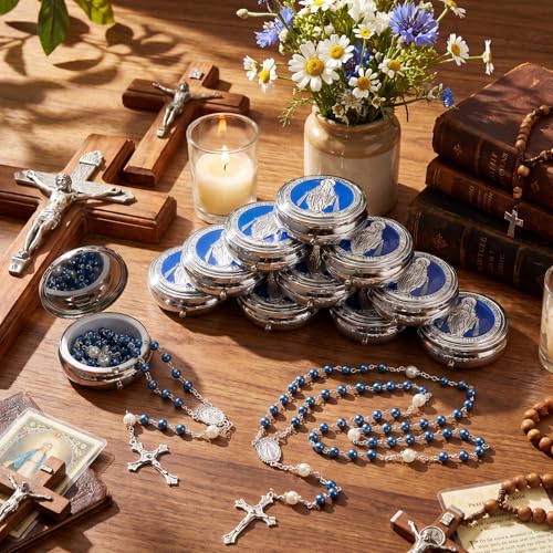 Jadive 24 sets Catholic Rosary Necklace, 6mm Glass Pearl Beads 8mm Our Father Bead Metal Gift Box for Women Men Prayer Gift - color: Blue