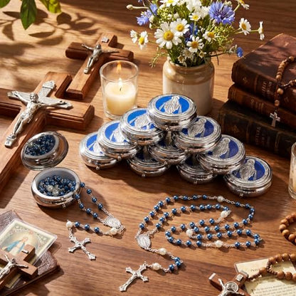 Jadive 24 sets Catholic Rosary Necklace, 6mm Glass Pearl Beads 8mm Our Father Bead Metal Gift Box for Women Men Prayer Gift - color: Blue
