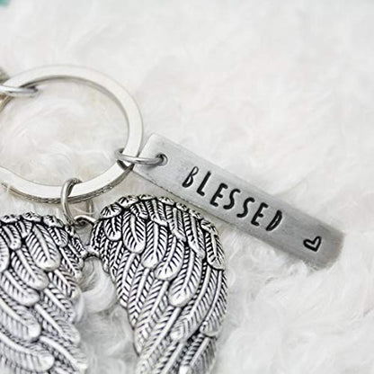 Angel Wing Key Chain, Blessed Heart KeyChain, Heavenly Key Fob, Angel Key Ring, Double Wings, Guardian Gift, Protection Symbol