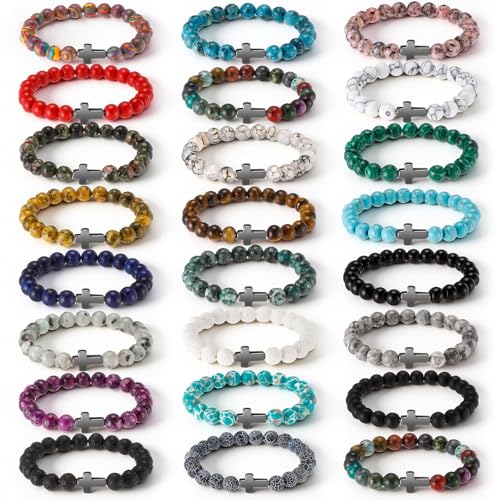 Huquary 24 Pcs Cross Beaded Bracelets, 8mm Christian Stone - color: multiple colors