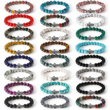 Huquary 24 Pcs Cross Beaded Bracelets, 8mm Christian Stone - color: multiple colors