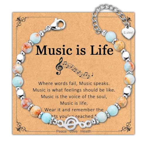 Bracelet for Women Natural Stone Beaded, Stainless Steel Charms, Adjustable - color: Music
