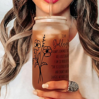 Generic Goddaughter Glass Tumbler, Goddaughter Gifts, Christian Gift, Confirmation Gift for Girl, Goddaughter Mug,Iced Coffee Cup with Lid and Straw, 16 oz