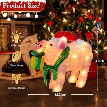 15" Lighted Christmas Pig, 3D Pre‑Lit Indoor Outdoor Decor - size: 34''*15.7''