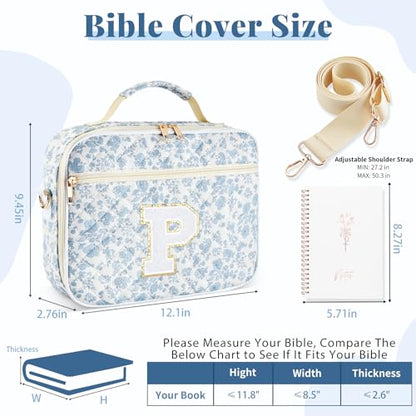 Personalized Initial Bible Cover Case for Women Bible Bag w/Study Supplies - color: Blue Flower, size: P