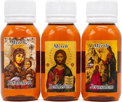 Zuluf Myrrh Anointing Oil Set of 3 from the Holy Land Jerusalem Pure Olive Base Blessed Christian Prayer Oil from Bethlehem for Baptism Christening Godparent Faith Gift 5.1 Fl Oz 3 Pack Bottles