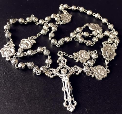 elegantmedical HANDMADE Silver rose beads Catholic 5 DECADE Rosary case Cross Gift Box Italy crucifix cross