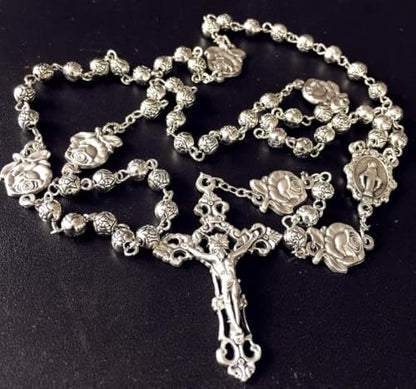 elegantmedical HANDMADE Silver rose beads Catholic 5 DECADE Rosary case Cross Gift Box Italy crucifix cross