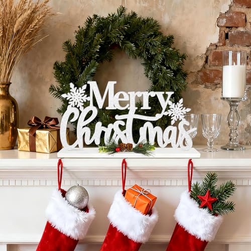 Wooden Christmas Decoration Merry Christmas Tabletop Decor, Snowflake Glitter Shining Xmas Table Sign, Farmhouse Rustic Winter Centerpiece for Home Kitchen Bedroom Tiered Tray Mantel Decor