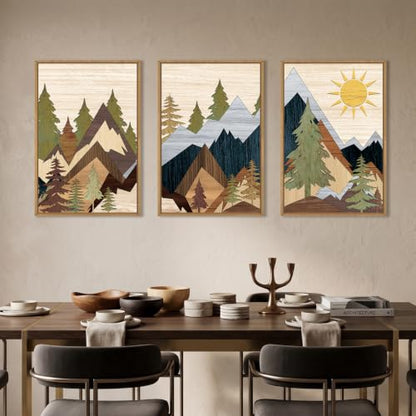 Ausri Boho Mountain Pine Tree Framed Canvas Wall Art Set -16"x24"x3 - color: Boho Mountain Wall Art, size: 16"L x 24"W