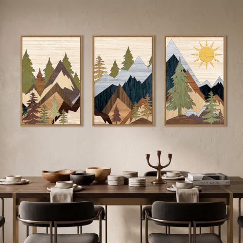 Ausri Boho Mountain Pine Tree Framed Canvas Wall Art Set -16"x24"x3 - color: Boho Mountain Wall Art, size: 16"L x 24"W