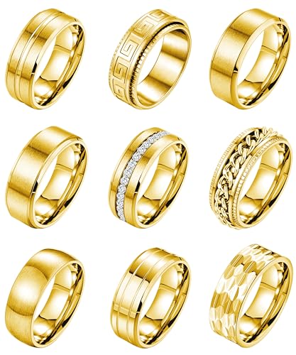 9Pcs 8MM Stainless Steel Band Rings for Men Women Chain Rings Simple Brushed Wedding Engagement Rings Set 7-13 - color: Gold