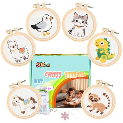 57lilina Easy Embroidery Kit for Kids Beginners, 6 Set Cute Stamped Pattern - color: Alpaca+Seagull+Cat+Horse+Dinosaur+Lemur
