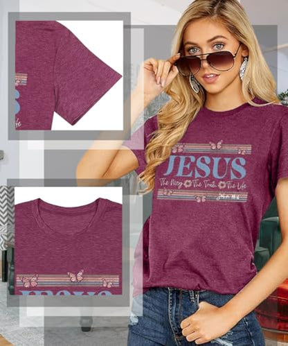 Womens Jesus Graphic Tee Bible Verse Shirts Christian Religious T Shirt Top - color: Purple-butterfly, size: Large
