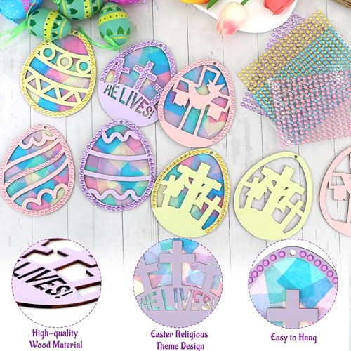 24 Sets Easter Eggs Suncatchers Craft, DIY Religious Easter Wooden Egg Hanging Decorations Kit for Christian Sunday School Activities Project Spring Classroom Party Favors Supplies