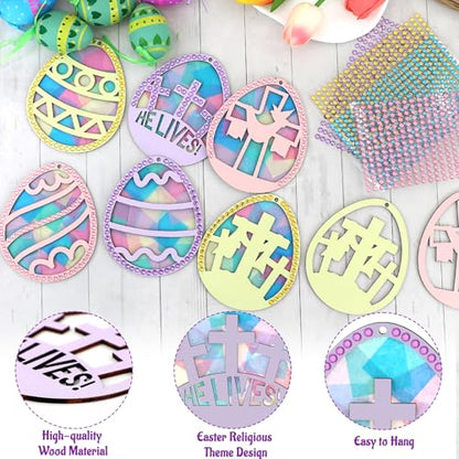 24 Sets Easter Eggs Suncatchers Craft, DIY Religious Easter Wooden Egg Hanging Decorations Kit for Christian Sunday School Activities Project Spring Classroom Party Favors Supplies