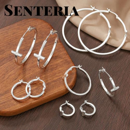 Senteria 3MM 925 Sterling Silver Post Cross Hoops Earrings Hypoallergenic - color: Silver-40MM