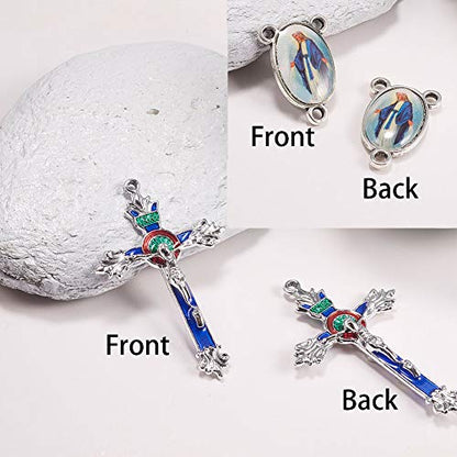SUNNYCLUE 1 Box 20Pcs Easter Holiday Tibetan Style Rosary Cross and Center with Alloy Cross Pendants and Oval Chandelier Links for Rosary Beads Jewelry Necklace Making Supplies - color: 20pcs Double Sided Blue Themed Cross Charms and Linking Connectors