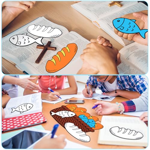 Sotiff 36 Set Fish and Loaves Coloring Craft, Sunday School Bible Story Kit - style: Fish and Loaves