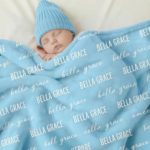 Ships Next Day, Personalized Baby Blanket with Name - Custom Newborn Hospital Swaddle Blanket, Super Soft Plush Flannel Baby Gift for Birth Announcement Shower Easter Gifts for Toddler Kids - color: Light Blue 2