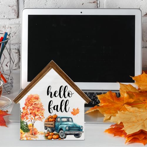 Rustic Fall Decor, Hello Fall House Shaped Wood Block Sign - color: Hello