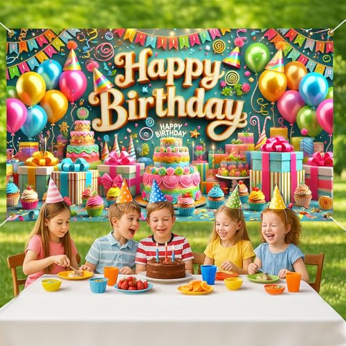 Happy Birthday Backdrop Banner 70.8 x 43.3 Inch, Colorful Balloon Cake Pennant Flag Festive Party Decorations for Kids Boys Girls, Fun Photo Booth Background with Hanging Rope - color: Colorfulb571, size: 70.8 x 43.3 Inch