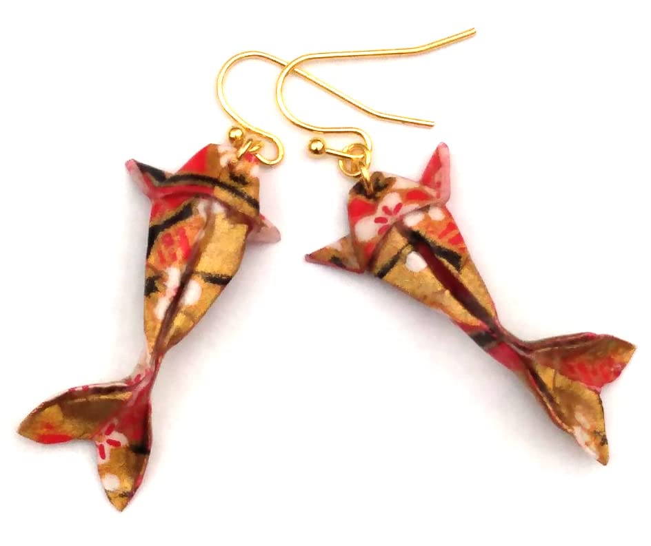 Paper Origami Koi Fish Earrings, 6 Color Patterns - color: Gold Red White