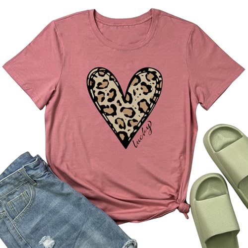 YITAN Women Graphic Tshirts Cute Leopard Heart Tops - color: Mauve, size: Small
