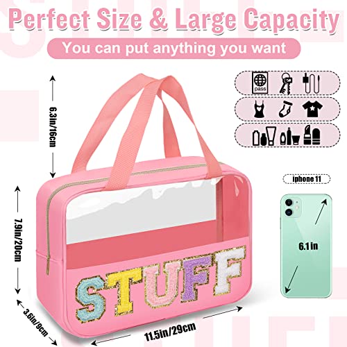 Preppy Clear Stuff Makeup Bags with Chenille Letter Patches, Travel Essentials Large Clear Make up Bag Zipper Pouch with Handle, Waterproof Nylon Cosmetic Toiletry Storage Tote for Women (STUFF-Pink) - color: STUFF-Pink