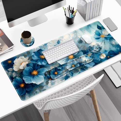 Desk Mat Pad, Gaming Mouse Pad Wrist Support Set, 4 in1 Non-Slip Large Mousepad + Ergonomic Design Keyboard Wrist Rest+Mouse Wrist Rest+Coaster for Home Office Computer I Blue Floral Watercolor - color: Blue Floral Watercolor