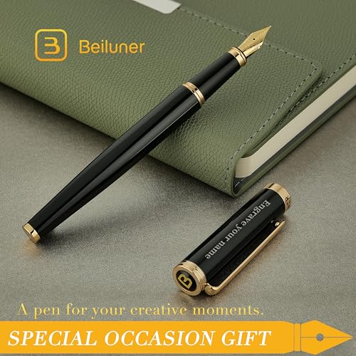 BEILUNER Black Personalized Fountain Pen,Stunning Luxury Lacquer,24K Gilded Nib(Fine),Gorgeous 24K Gold Finish, Ink Converter,Fancy Office Gift for Men&Women-Elegant, Graduation,Nice Pens for Writing - color: ,Black with Gold (Personalized), style: Fine N