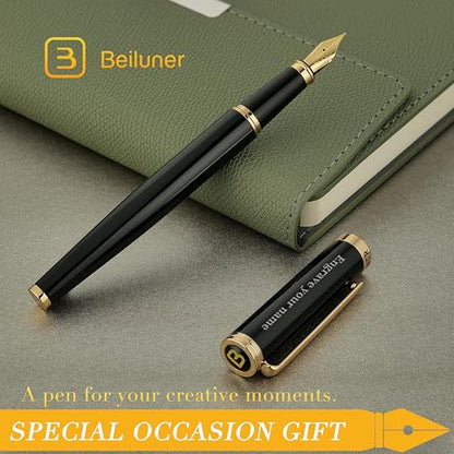 BEILUNER Black Personalized Fountain Pen,Stunning Luxury Lacquer,24K Gilded Nib(Fine),Gorgeous 24K Gold Finish, Ink Converter,Fancy Office Gift for Men&Women-Elegant, Graduation,Nice Pens for Writing - color: ,Black with Gold (Personalized), style: Fine N