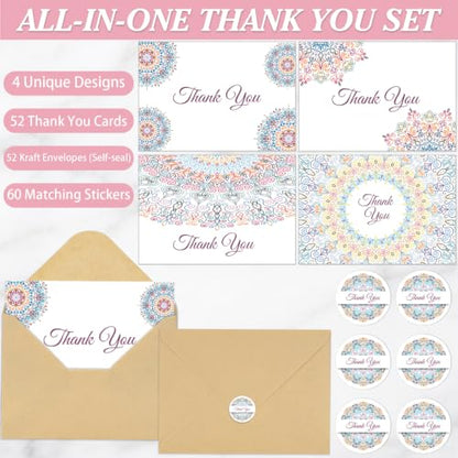 ARTLYMERS Thank You Cards with Envelopes & Sticker, Glossy 3.5"x5", 52 Pack