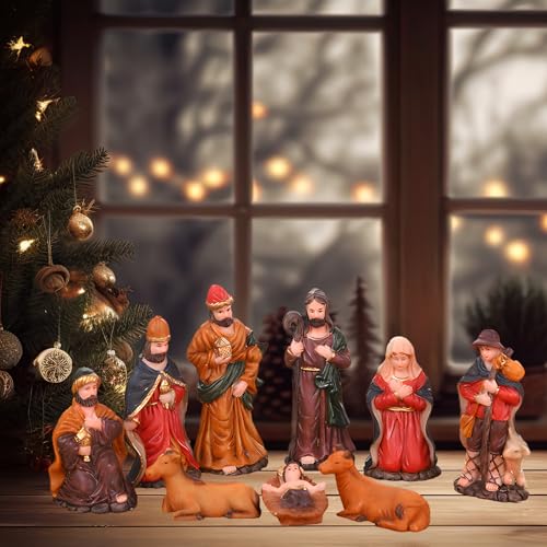 Mini Nativity Set 9pcs, Resin Nativity Scene Figurines Baby Jesus Oranment for Home Office Tabletop Decoration Desktop Collectibles Decor - size: 9 pcs