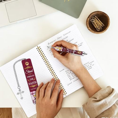 Bible Metal Bookmark Pen Gift Set, Scripture Marble Design Christian Women - style: Religious Burgundy